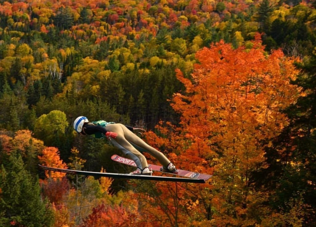 ski jumper in air with fall foliage backdrop