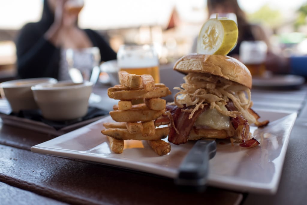 gourmet burger and stacked fries