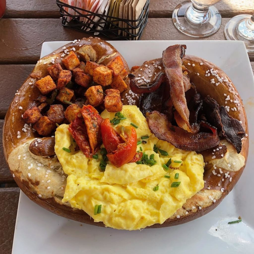 pretzel with eggs,bacon, and potatoes