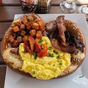 pretzel with eggs,bacon, and potatoes
