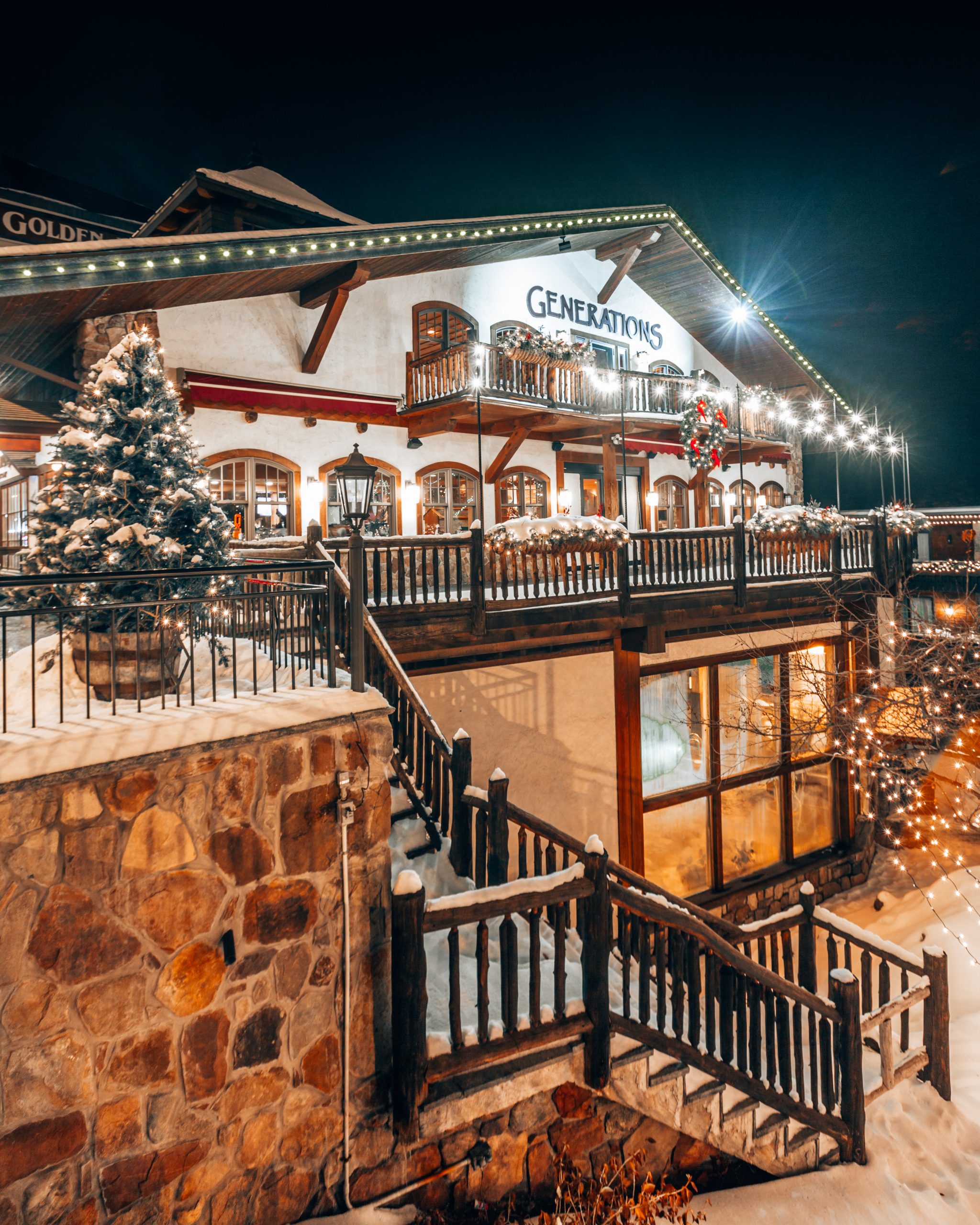 Generations restaurant in winter with Christmas lights