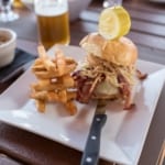 burger with bacon and crispy onions, plus a side of fries