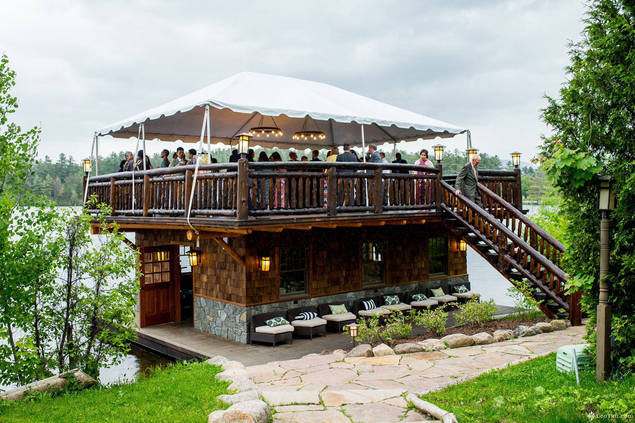 Wedding reception at our rustic boathouse overlooks Mirror Lake