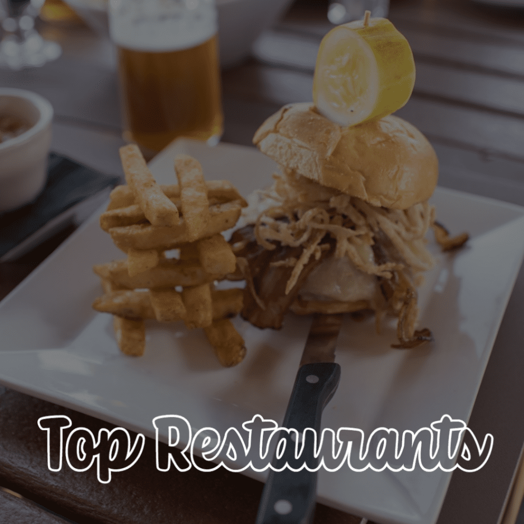 Burger with fries. Text: Top Restaurants