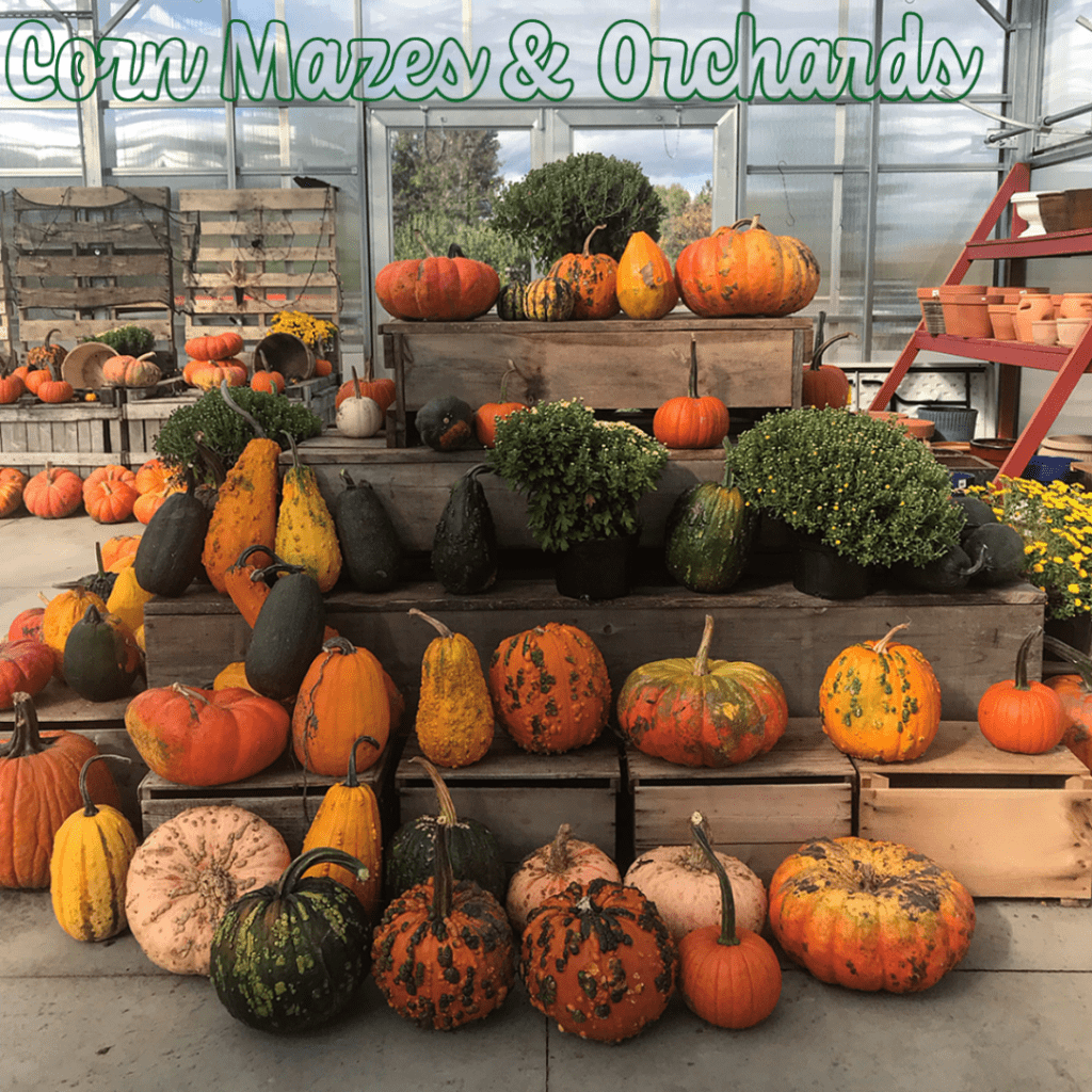 pumpkins at rulf's orchard. text: corn mazes and orchards
