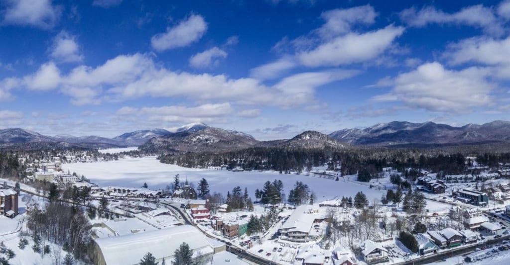 winter aerial shot of lake placid