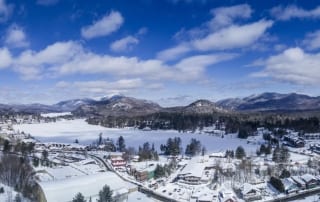 winter aerial shot of lake placid