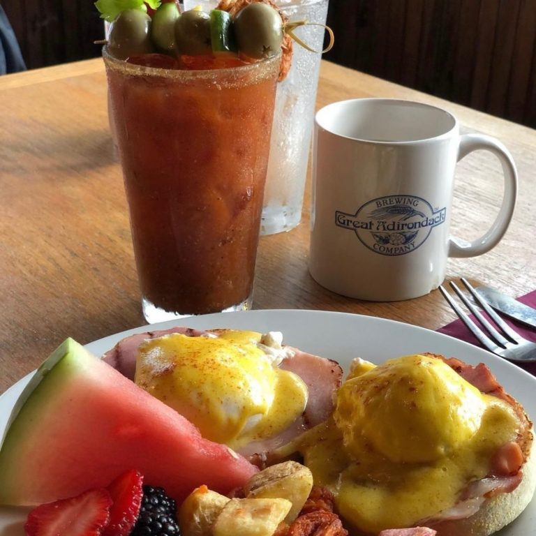 eggs bennedict, fruit, bloody Mary from Great ADK