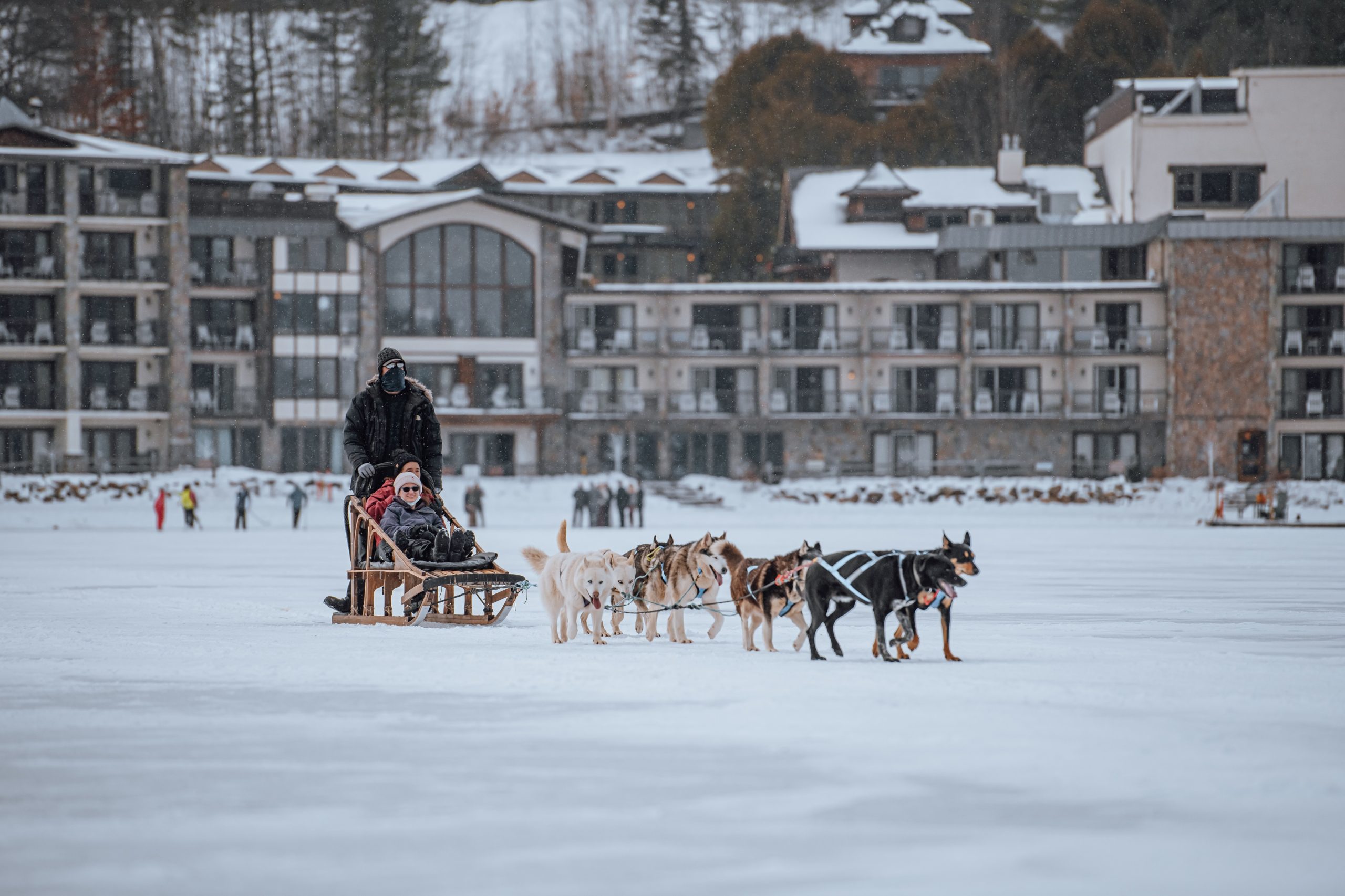 Dog Sled on Mirror Lake in front of the Golden Arrow