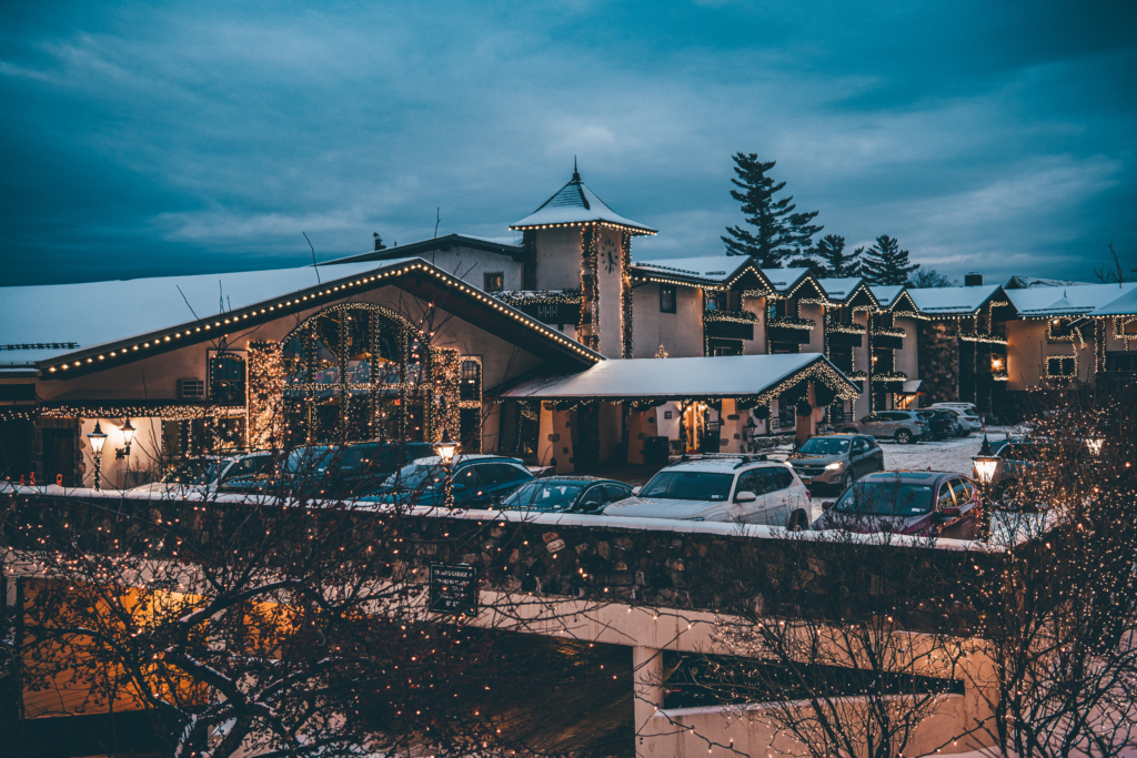 The Golden Arrow Lakeside Resort Decorated in Lights for the Christmas Season